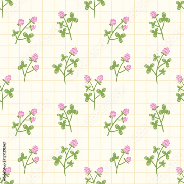 Fototapeta Cute pattern with clovers on a checkered background. Vector illustration. Design for wallpaper, wrapping paper, clothing, cards and invitations. Vintage hand drawn art.