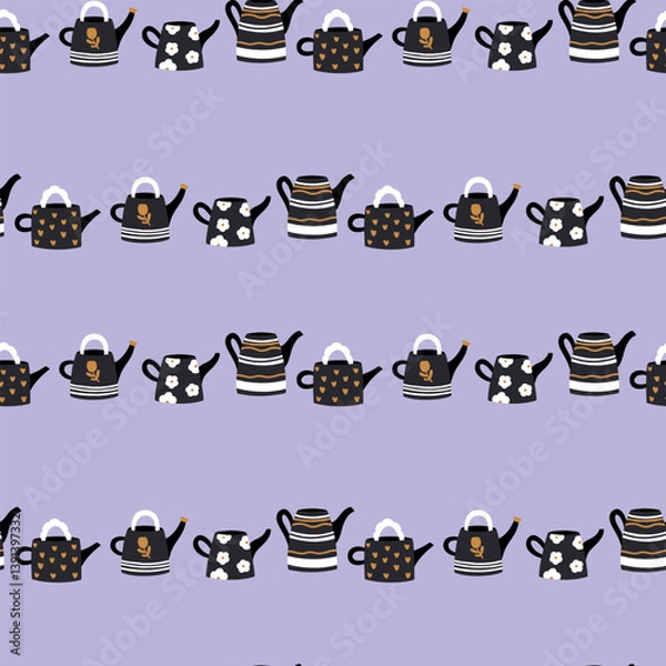 Fototapeta Cute pattern with decorative watering cans. Vector seamless pattern.