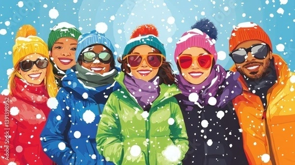 Fototapeta Diverse group smiles warmly in snow-dusted winter wonderland. Possible use Greeting card, social media