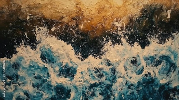 Fototapeta Rocky coastline at dusk with waves crashing gently and the sun dipping low on the horizon