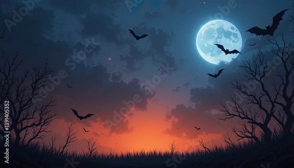 Fototapeta This image depicts a spooky Halloween night with a large moon, silhouetted bats, and barren trees.