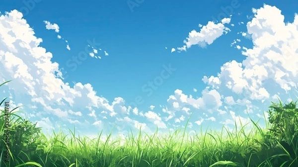 Fototapeta Beautiful spring meadows against the blue sky with white clouds in the background. Banner showing green meadows, perfect for the natural background of the spring vector presentation design.