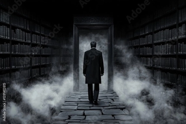 Fototapeta A surreal image of an author walking through a dreamlike library where books whisper their stories