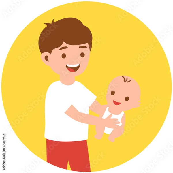 Obraz Flat cartoon illustration of a happy child holding a baby with a warm smile. Ideal for sibling bonding, family care, parenting themes, childcare content, and early childhood education visuals.