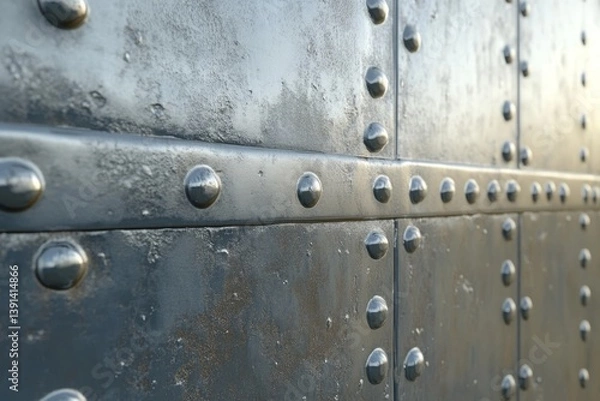 Fototapeta Metal plating with rivets.  Close-up view of aged, industrial-style panels, showing rivets and horizontal seams.  Durable, strong, and weathered appearance