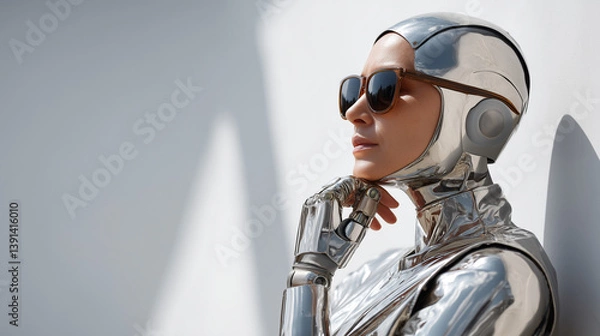 Obraz Futuristic Visionary: A silver robot, confidently sporting sunglasses, reflects a contemplative gaze against a crisp backdrop, embodying innovation and technological progress.