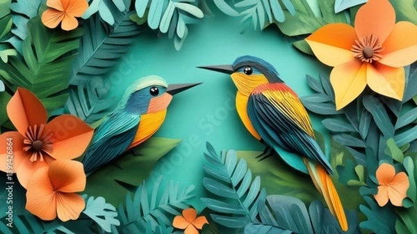 Fototapeta Whimsical avian interaction with tropical foliage in a papercraft fantasy scene