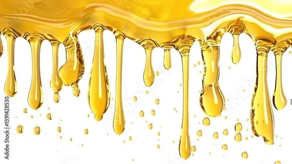 Fototapeta Honey is seen gracefully dripping from a dipper, isolated on a clean white background, a creation of generative AI. The golden, viscous texture of the honey is clearly visible as it cascades down,