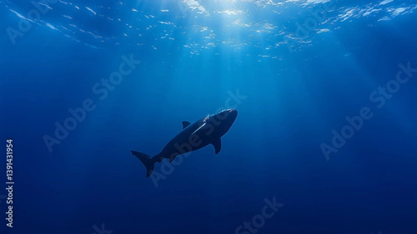 Fototapeta Sleek megalodon glides through deep waters, contrasting with a bulky silhouette in the background, embodying elegance and power.