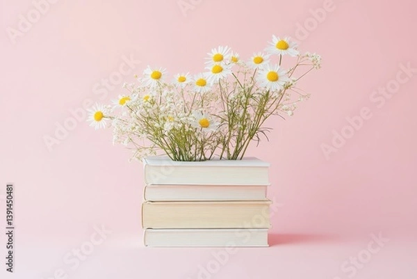 Fototapeta Stacked books and daisy flowers arranged on a soft pink backdrop