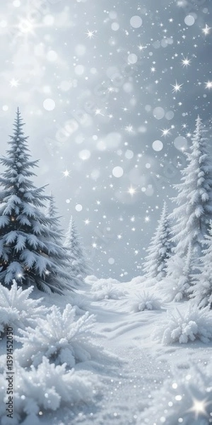Fototapeta A serene winter landscape featuring tall evergreen trees blanketed in fresh, powdery snow, with delicate snowflakes gently falling from a gray sky, creating a tranquil atmosphere.
