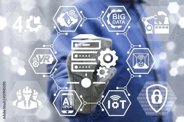 Fototapeta Big data server industry 4.0 concept. Industrial database integration. Computing information manufacturing robotic automation engineering technology. Worker touched Server gear icon on virtual screen