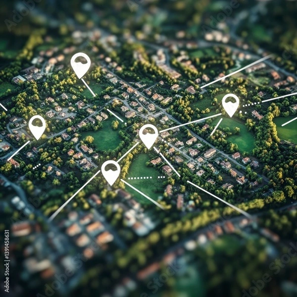 Obraz Aerial View of Suburban Neighborhood with GPS Location Markers