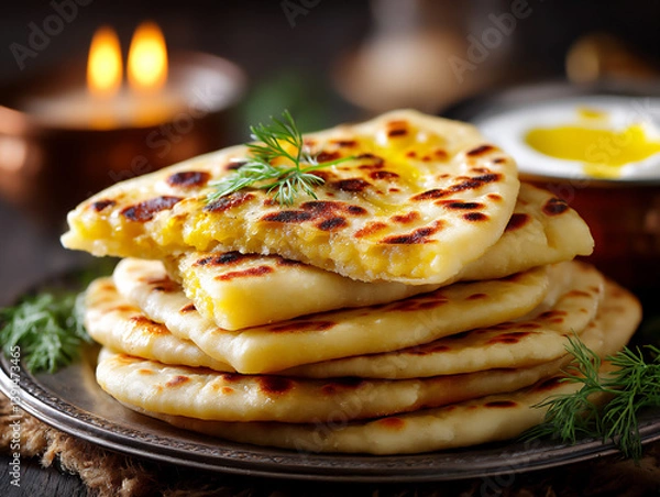 Obraz  aloo paratha with ghee, p: a close-up of a flaky aloo paratha,