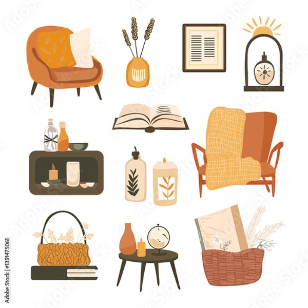 Fototapeta Cozy Home Decor Vector Set – Flat Style Interior Elements