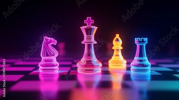 Fototapeta Neon chess pieces on a chessboard, strategic game with vibrant colors
