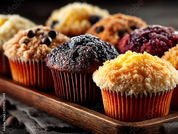 Obraz  assorted muffins on wooden tray,