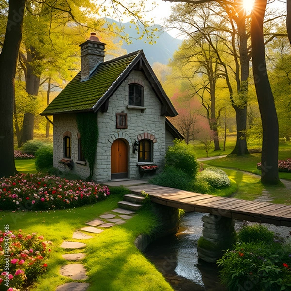 Fototapeta Full outdoor shot of a charming, stone cottage nestled within a lush garden setting. 