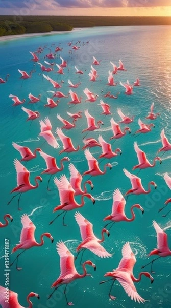 Fototapeta Award-Winning 8K Drone Image of Flamingos in Flight Over Turquoise Ocean at Golden Hour