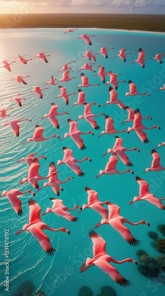 Obraz Award-Winning 8K Drone Image of Flamingos in Flight Over Turquoise Ocean at Golden Hour