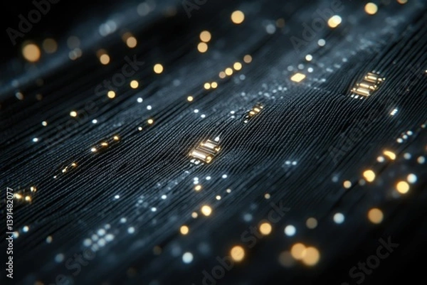 Fototapeta A futuristic, dark fabric with embedded circuitry and glowing lights, suggesting technology, connectivity, and advanced systems or a digital network.