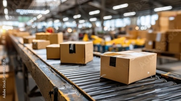 Obraz Boxes on Conveyor Belt in Distribution Warehouse