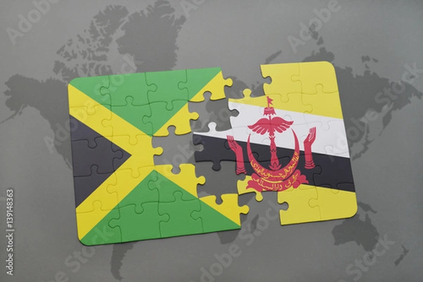 Fototapeta puzzle with the national flag of jamaica and brunei on a world map