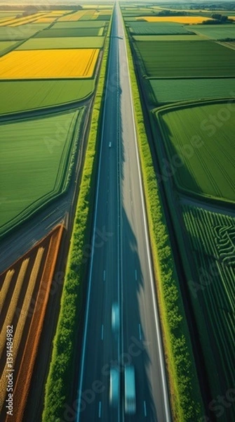 Fototapeta Ultra HD Aerial View of Endless Highway Cutting Through Geometric Farmland in 8K
