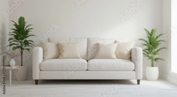 Fototapeta A white sofa with pillows and plants in a bright room with a white wall and floor space here too