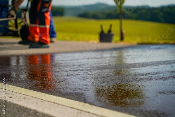 Fototapeta Low angle close-up of fresh coat of liquid bitumen sprayed on the road showing texture and reflection