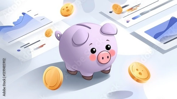 Obraz Cartoon Piggy Bank with Coins and Chart Elements