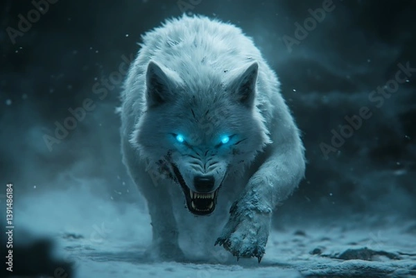 Obraz A white wolf with glowing blue eyes approaches in a dark and snowy environment with teeth bared