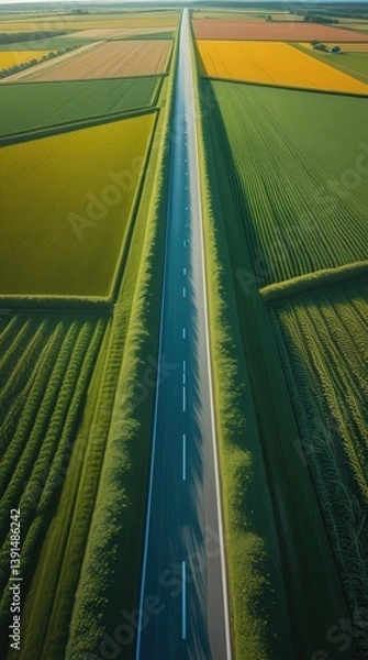 Obraz Ultra HD Aerial View of Endless Highway Cutting Through Geometric Farmland in 8K