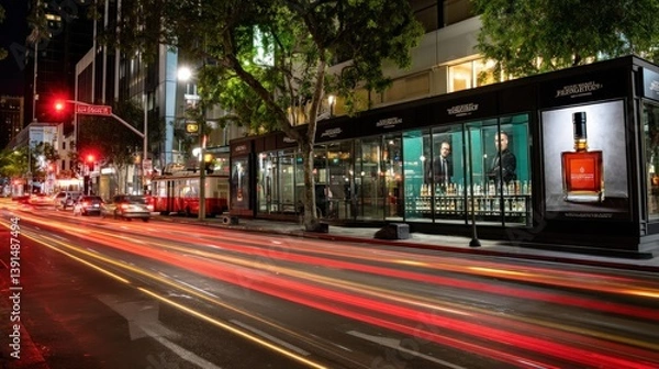 Obraz City Street at Night with Car Lights and Building Advertisements