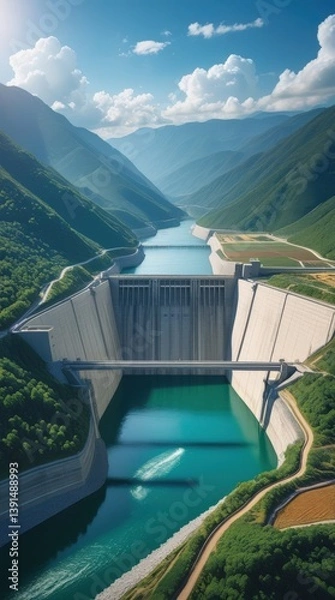 Obraz Breathtaking Ultra HD Drone View of Mountain Dam Blending Nature and Engineering in 8K
