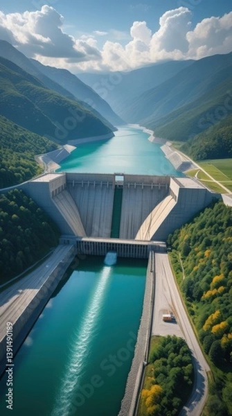 Obraz Breathtaking Ultra HD Drone View of Mountain Dam Blending Nature and Engineering in 8K