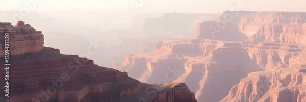 Fototapeta Canyon Serenity: A Panoramic View of a Vast Desert Landscape, Bathed in the Soft Light of Dawn