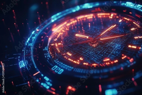 Fototapeta Futuristic digital clock with glowing circuits