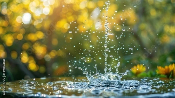 Fototapeta Close-up of a clear water droplet falling into a pristine lake, symbolizing purification and natural filtration. Fresh and clean water concept, environmental conservation and sustainability. 
