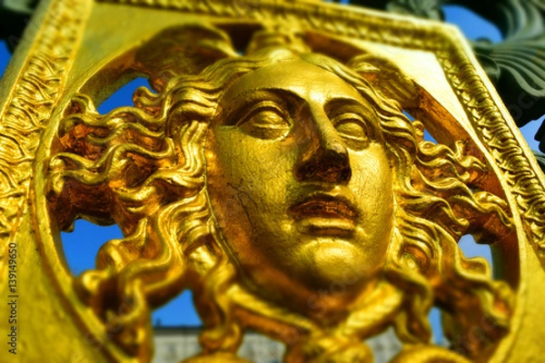 Obraz A golden face: detail of the original metal fence of the Royal Palace of Turin, Italy. Tilt-shift effect applied.