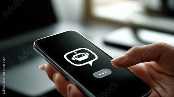 Obraz Hand Holding Smartphone Displaying Chatbot Icon
