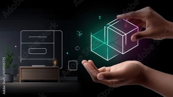 Obraz Hands Manipulating Holographic Cube, Interior Background