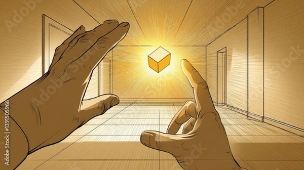 Obraz Hands Reaching for Glowing Cube in Hallway