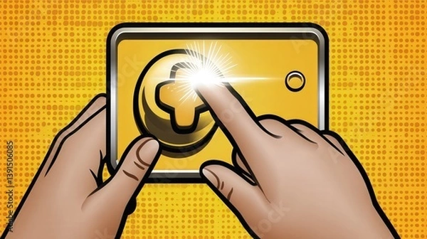 Obraz Hands Touching Yellow Touchscreen Device with Plus Icon Illustration