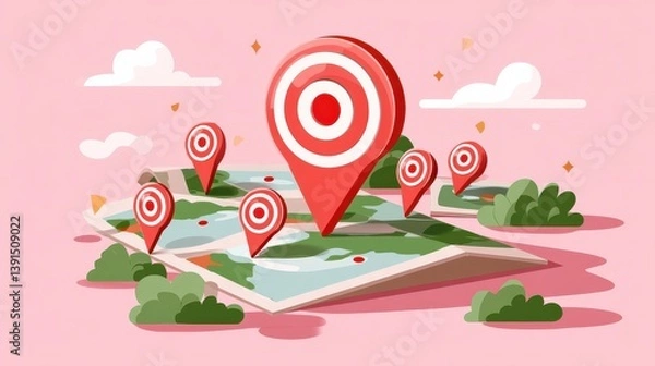 Fototapeta Illustrated Map with Target Location Pins