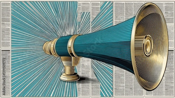 Obraz Illustrated Megaphone with Radiating Lines and Newspaper Background