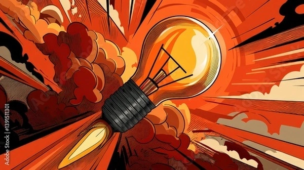 Obraz Illustration of a Lightbulb with Rocket Flames on Orange Background