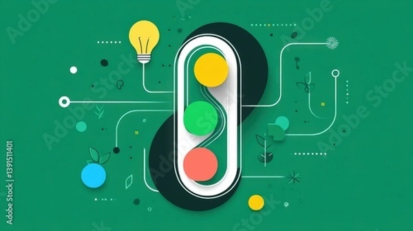 Obraz Illustration of Colored Circles in Frame with Lightbulb and Lines on Green