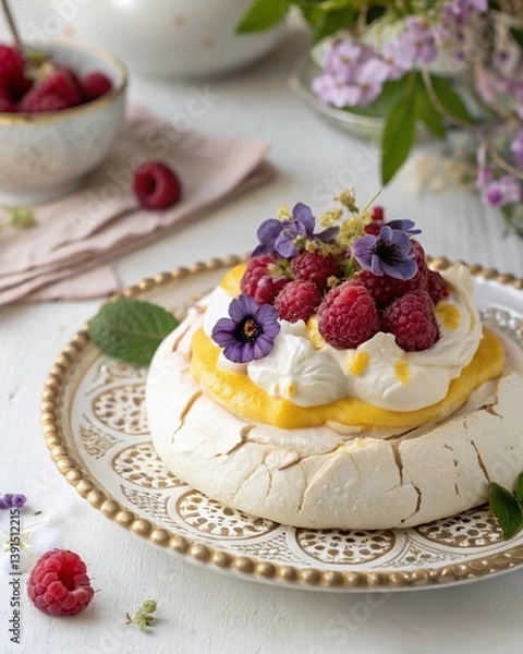 Obraz Exquisite pavlova dessert with raspberry on porcelain plate. Luxury wedding, bridal brunch close up food picture.