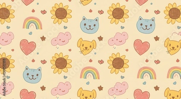 Fototapeta Cute kid scribble doodle icons seamless pattern. Sunflower, heart, cat, dog, rainbow, cloud, smile elements sign and symbols in children drawing style
